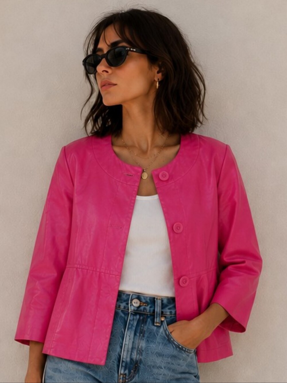 VINTAGE 90s BAMBOO TRADERS FUSHIA PINK SHIMMER 3/4 SLEEVE WIDE CUT JACKET MEDIUM
